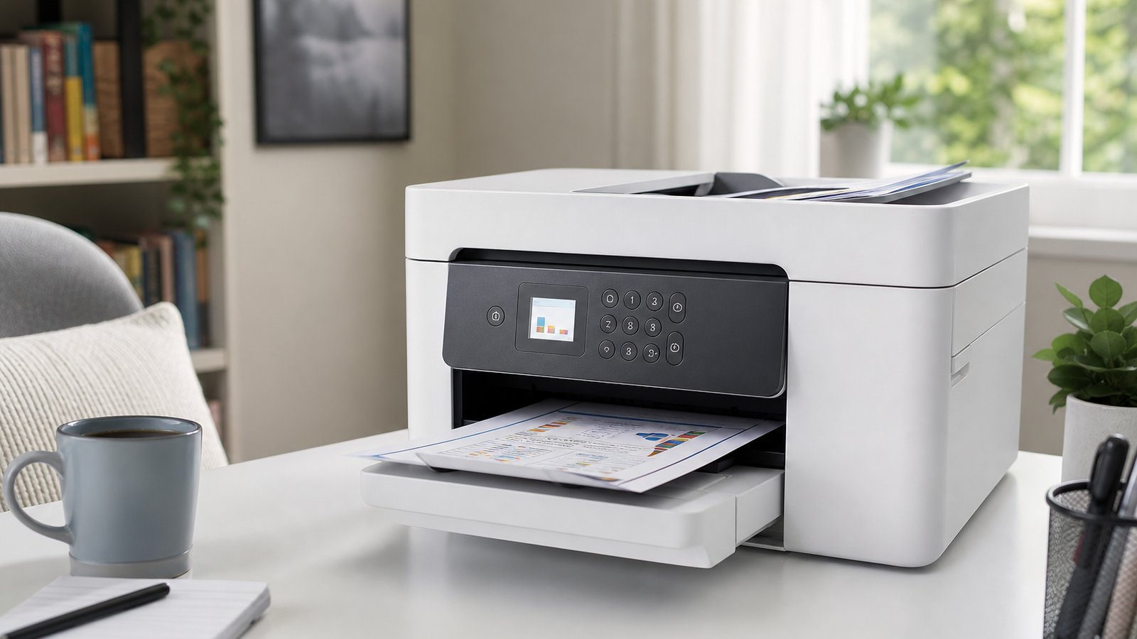 Wireless colour inkjet all-in-one printer on a tidy UK home desk